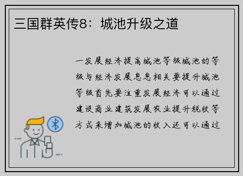 三国群英传8：城池升级之道